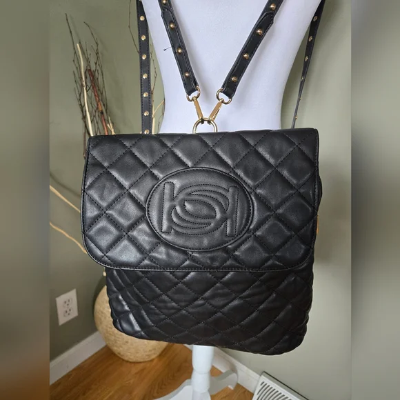 Bebe Quilted Backpack Bag Medium to Large Black/Gold - Picture 2 of 8